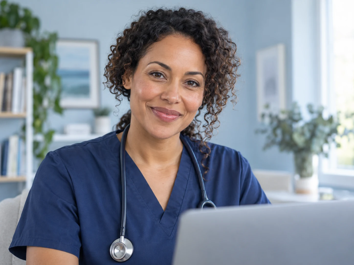 Illustrative physician at a telehealth workstation