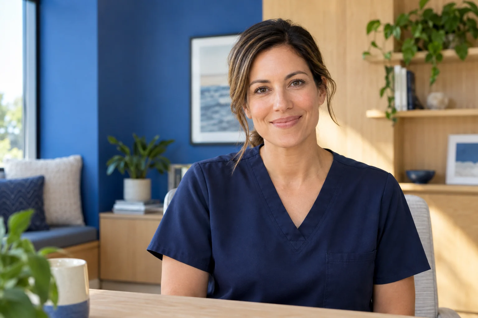 Illustrative healthcare professional in a bright telehealth setting